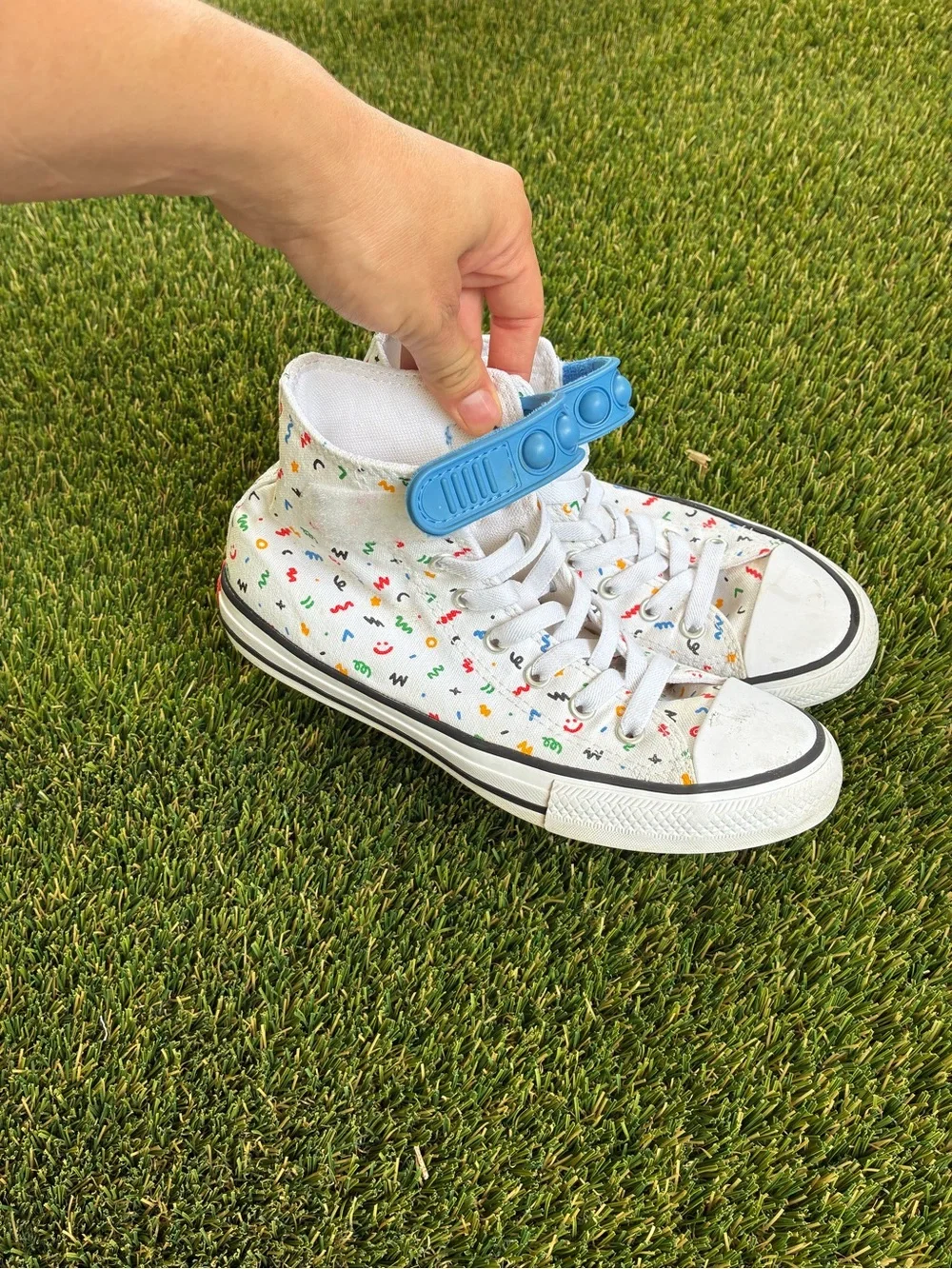 Converse Kids White High-Top Sneakers with Blue Strap and Multicolor Print